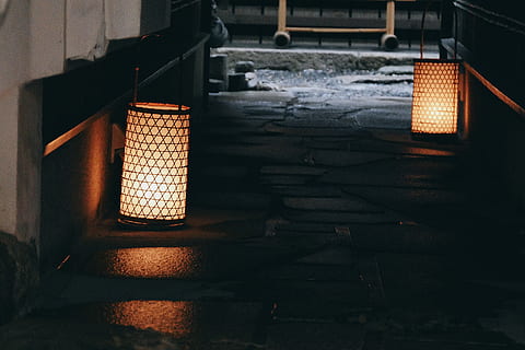 two floor lamps, kyoto, japan, lantern, flagstone, indoors, interior design HD wallpaper