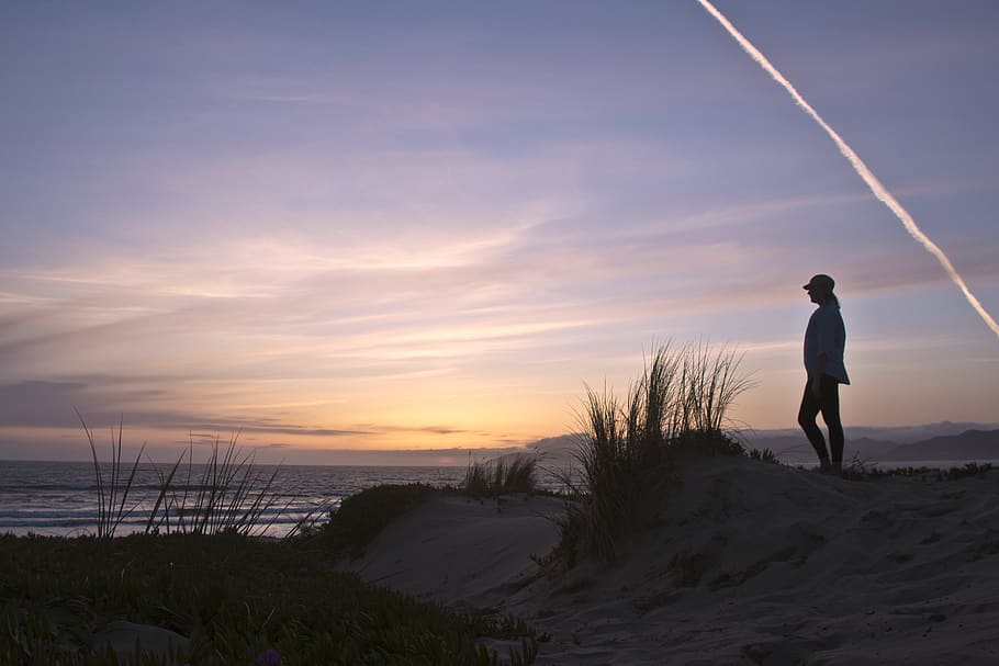 Photo of Person Standing On Sand During Dawn, beach, chemtrails