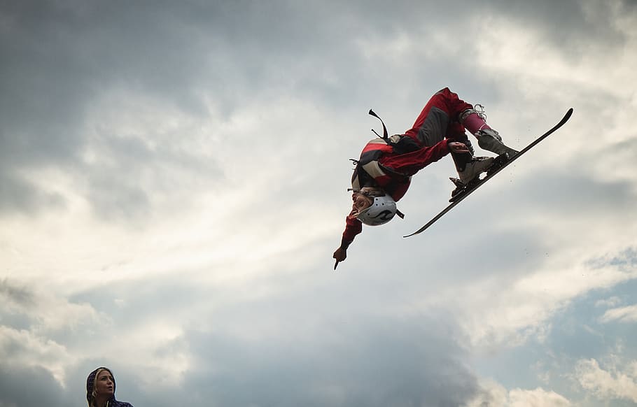 person skiing during daytime, cloud - sky, mid-air, sport, nature HD wallpaper
