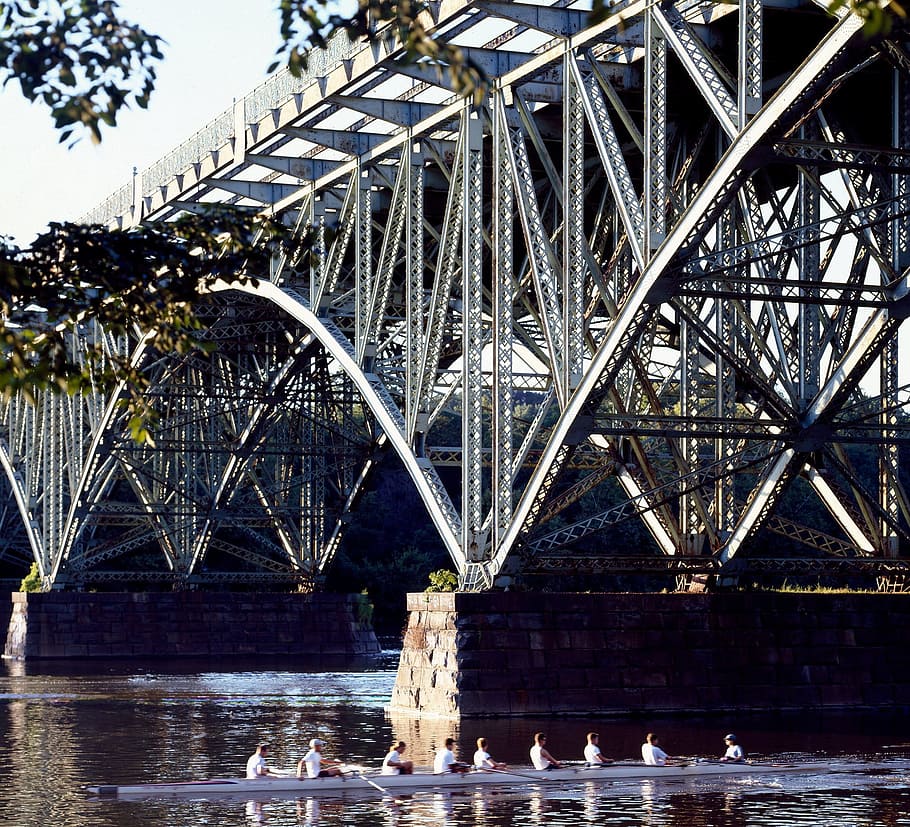 metal, metallic, bridge, construction, architecture, river HD wallpaper