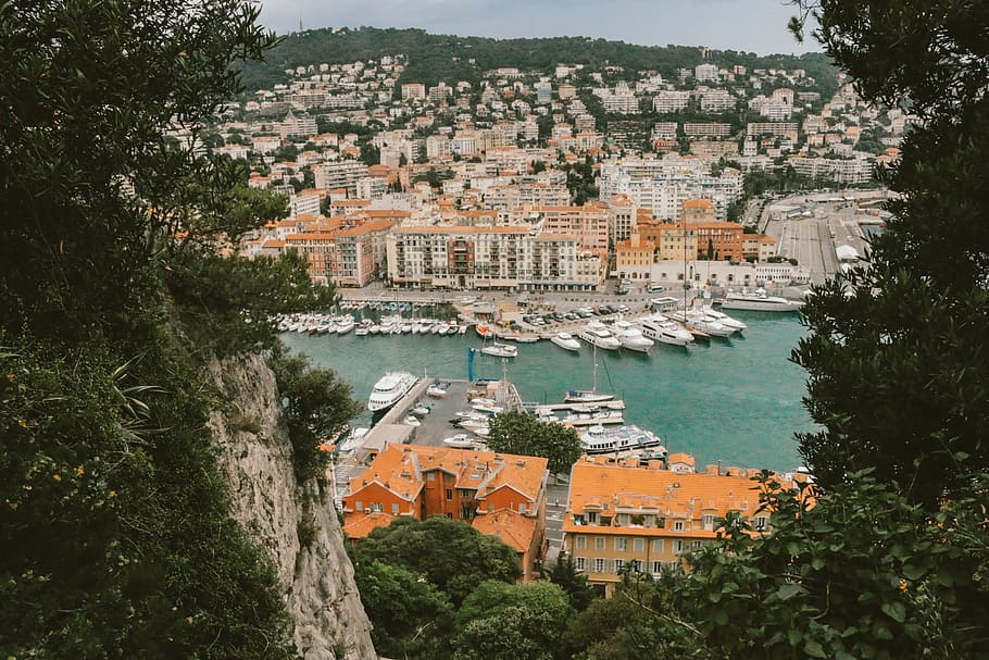 france, nice, ocean, coast, beach, town, village, city, orange HD wallpaper
