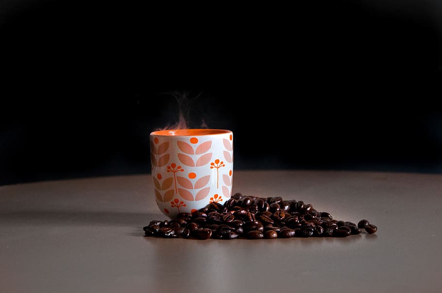 coffee cup, coffee beans, table, smoke, steam, dark, cafe, pleasure HD wallpaper