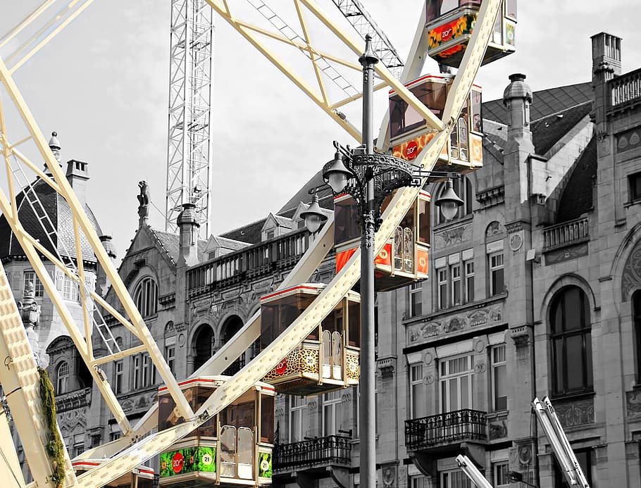 wheel, ferris, construction, architecture, ride, metal, city HD wallpaper
