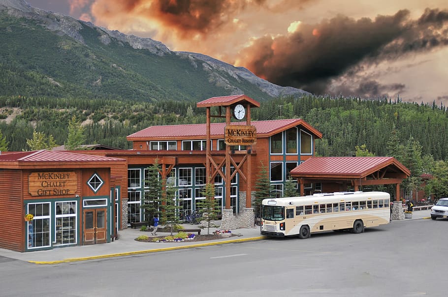 White Bus Parked Beside Wooden Building, architecture, chalet HD wallpaper