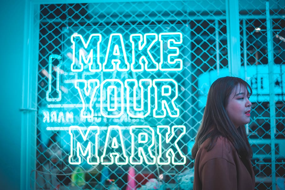 make your mark neon light sign, one person, long hair, women HD wallpaper