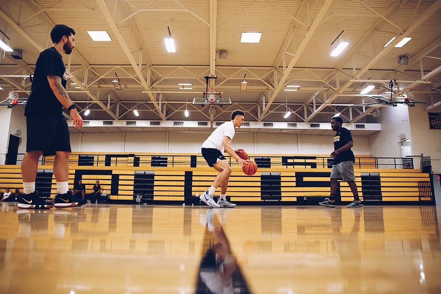 three men playing basketball, indoors, group of people, sport HD wallpaper