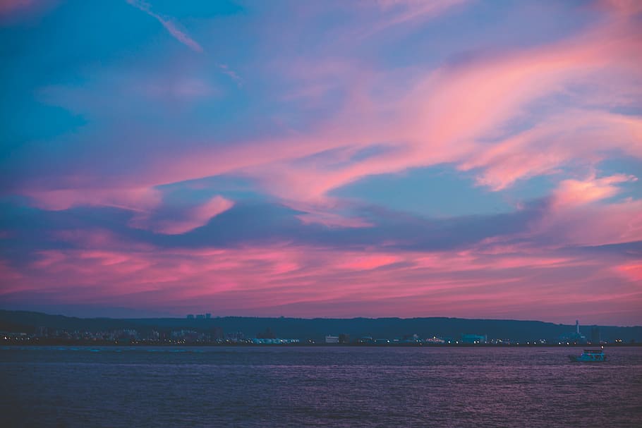 taiwan, lover's bridge, pink, blue, sea, clouds, landscape, HD wallpaper