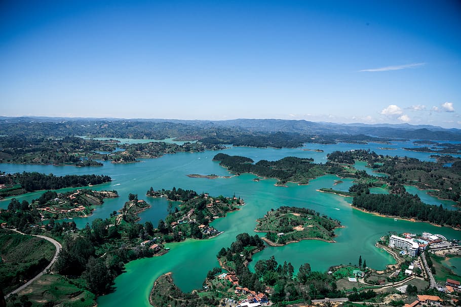 guatape, colombia, lakes, nature, landscape, water, sky, trees