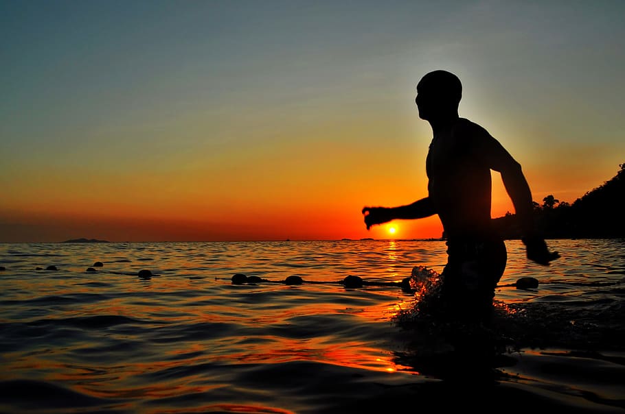 sea, ocean, water, wave, nature, silhouette, people, man, alone HD wallpaper