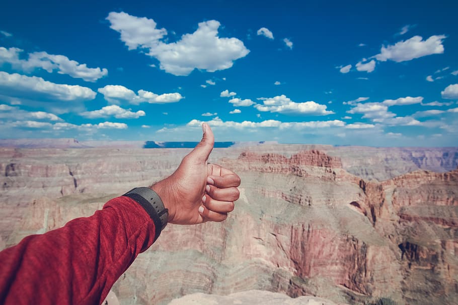 united states, grand canyon, blue, clouds, eaglerock, thumbsup HD wallpaper