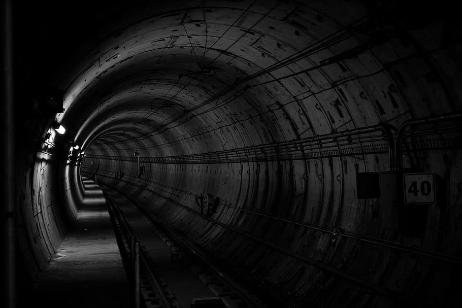 tunnel, subway, metro, corridor, underground, black and white, HD wallpaper