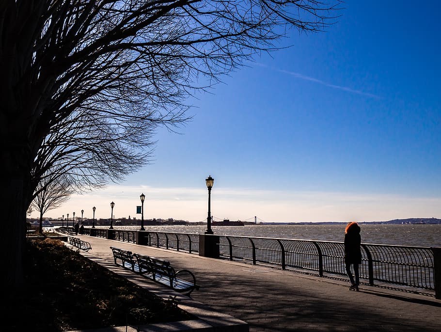 human, person, bench, furniture, path, battery park, bike, transportation, HD wallpaper