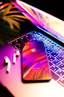 AirPods on laptop, iphone, macbook, iphone8, apple, neon, refelction HD wallpaper