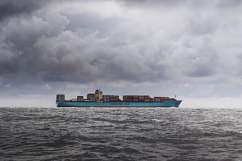 Blue Cargo Ship on Sea Under White Clouds, boat, containers, logistics HD wallpaper