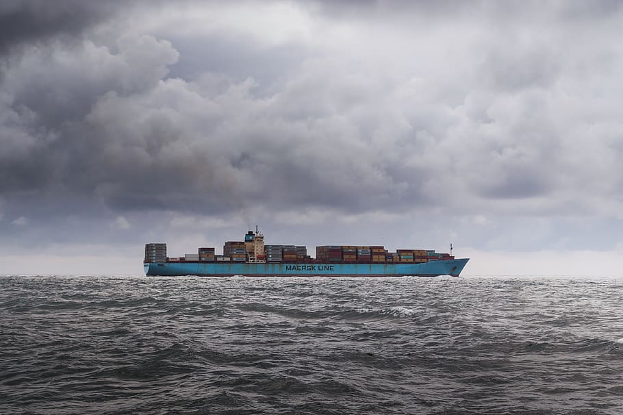 Blue Cargo Ship on Sea Under White Clouds, boat, containers, logistics