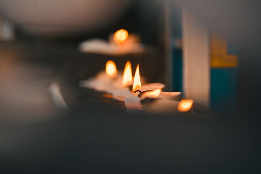 Selective Focus Photography of Lighted Tealights, blaze, blur HD wallpaper