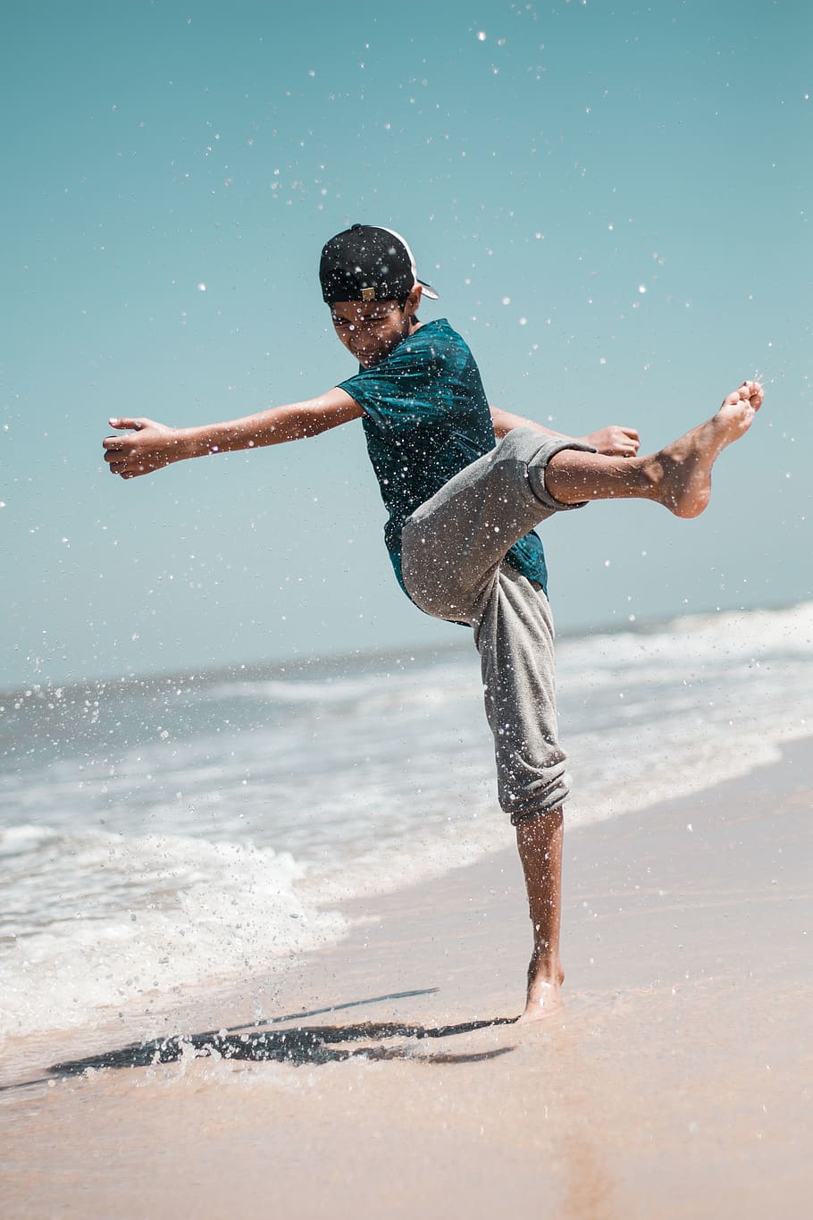 Boy Kicking Sand On Shore, beach, fun, ocean, sea, seashore, splash HD wallpaper