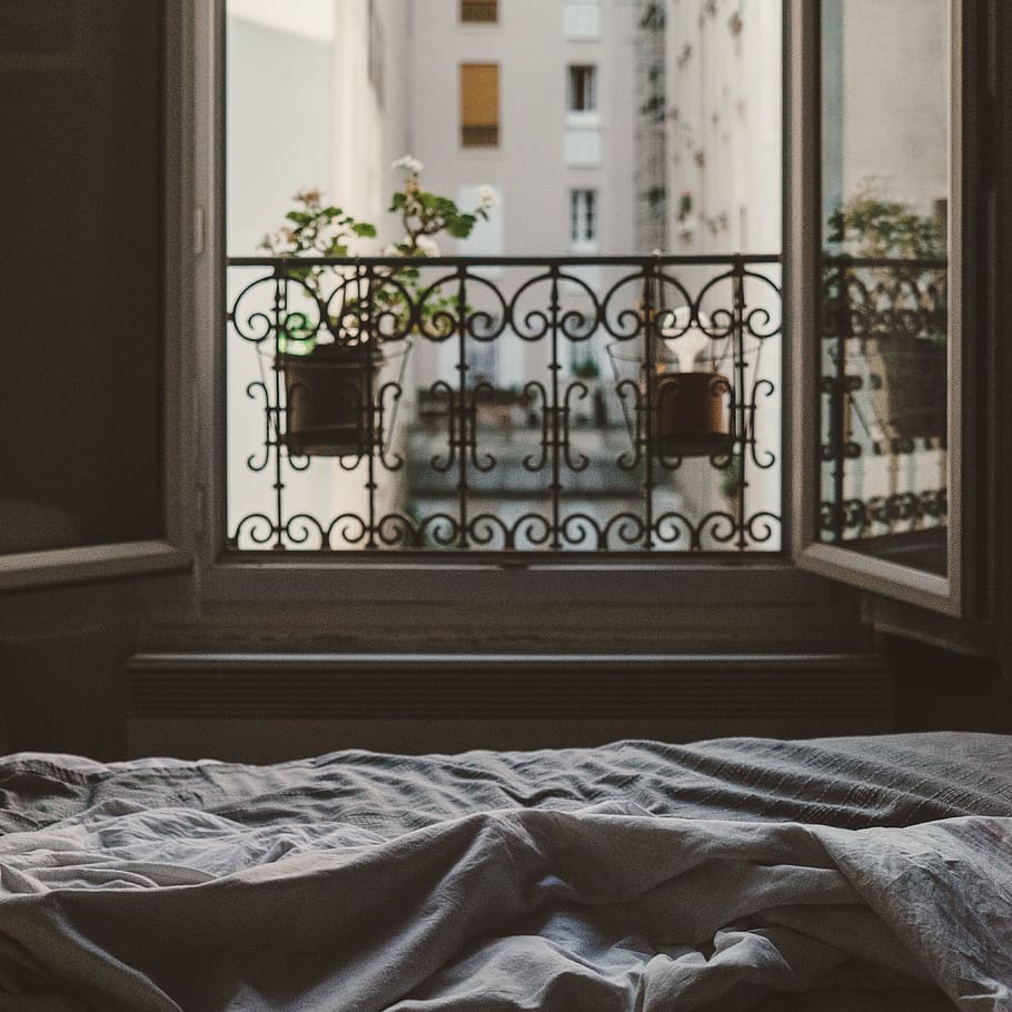 house, home, residence, interior, bedroom, sheets, window, wrought HD wallpaper