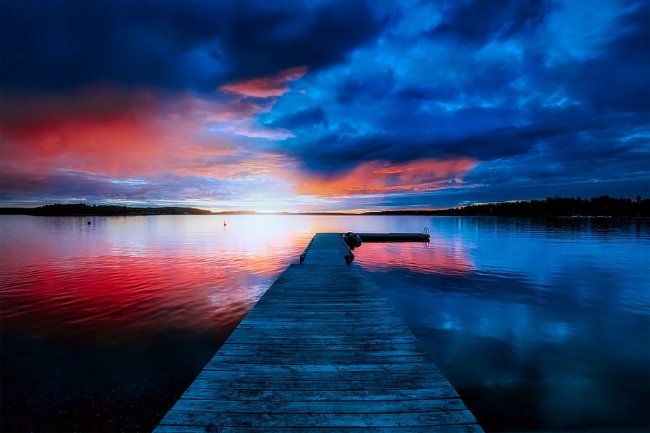 Brown Wooden Dock, clouds, country, dawn, evening, landscape HD wallpaper