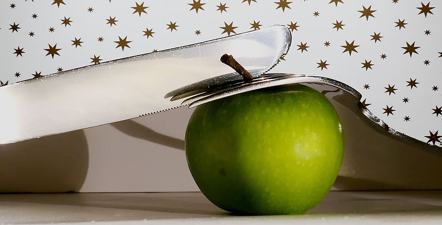 apple, cutlery, knife, fork, table cover, gloss, tine, metal HD wallpaper