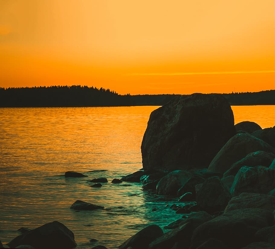 finland, turku, ruissalo, sunset, yellow, orange, teal sea, HD wallpaper