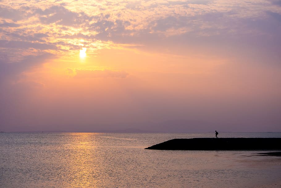 sunset at the beach, nature, outdoors, ocean, human, person, sky HD wallpaper