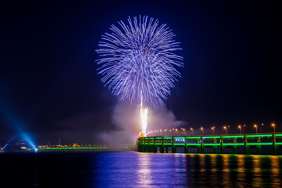 view, night, illuminated, firework, water, firework display HD wallpaper