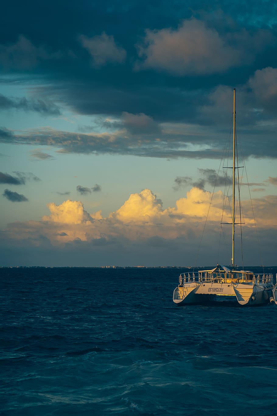 Blue and White Sailing Boat, beach, clouds, dawn, ocean, sailboat HD wallpaper