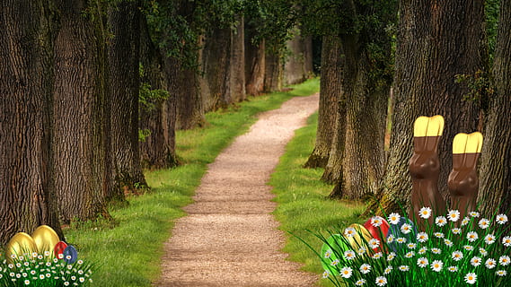easter, easter eggs, easter bunny, tree, wood, nature, grass HD wallpaper