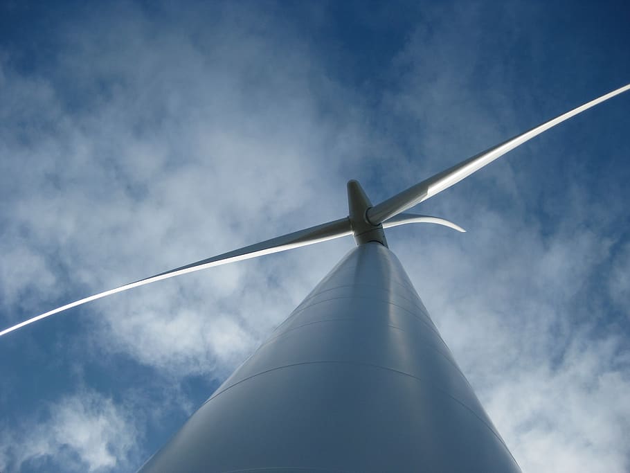 windmill, blue sky, energy, clouds, environment, turbine, green HD wallpaper