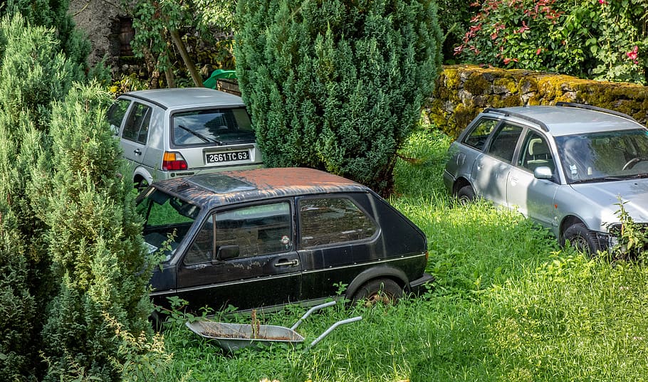 wreck, car, garden, rusty, vehicle, old, scrap, automobile HD wallpaper