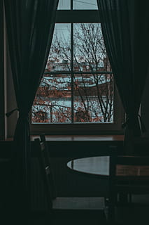 two black window curtains, home decor, table, window shade, glass HD wallpaper