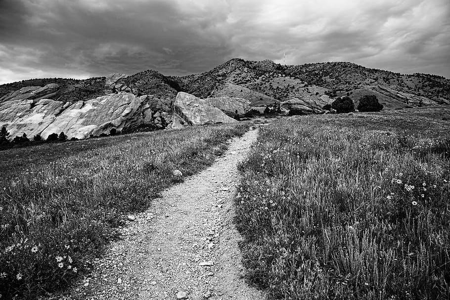 red rocks, colorado, mountains, trail, black and white, environment