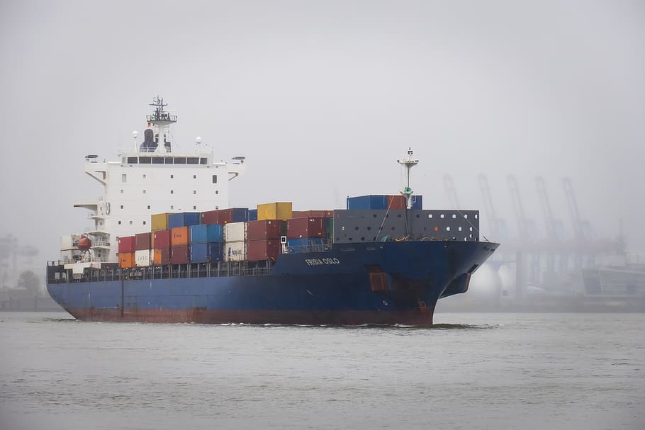 container ship, port, hazy, haze, elbe, maritime, shipping HD wallpaper