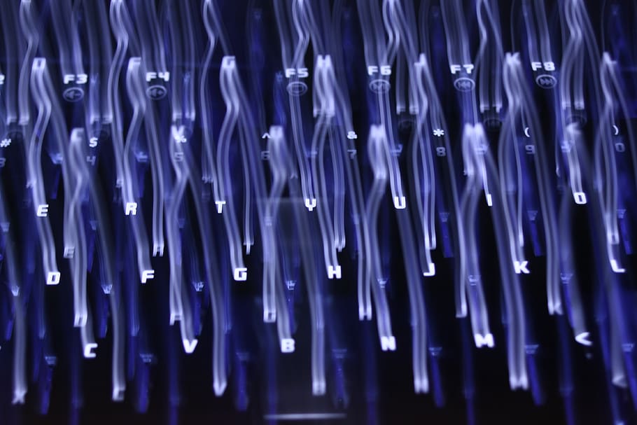 keyboard, technology, light, light painting, purple, blue, fiber optic HD wallpaper