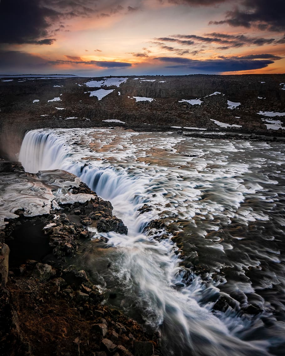 waterfalls, stream, sunlight, sunset, landscape, horizon, horizon line HD wallpaper