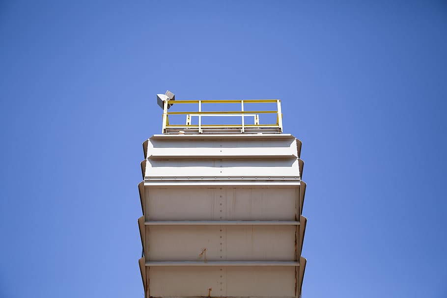 white metal tower, platform, architecture, sunlight, shadow, blue HD wallpaper