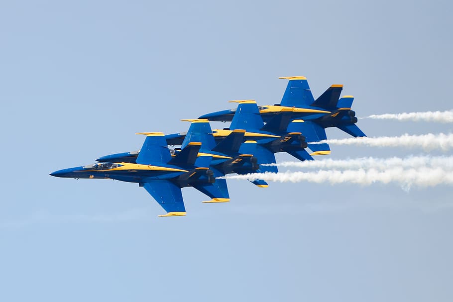 four blue jets, airplane, transportation, vehicle, aircraft, warplane HD wallpaper