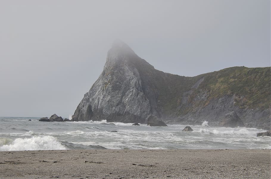 united states, sharp point, rocks, surf, cold, grey, fog, ocean HD wallpaper