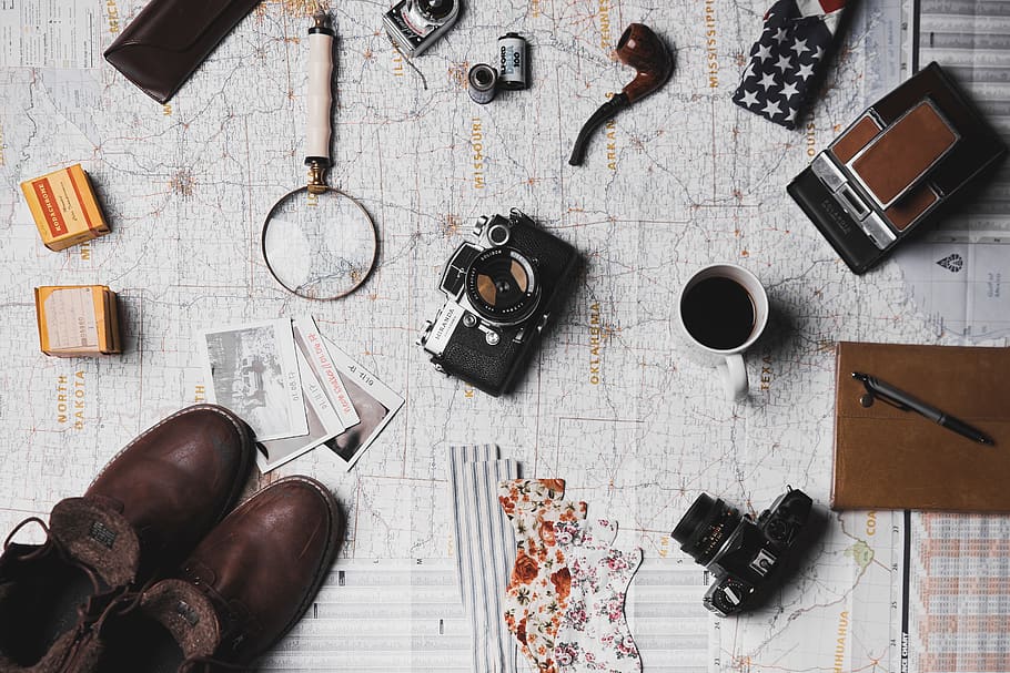 map, microscope, coffee, camera, pen, notebook, shoes, footwear HD wallpaper