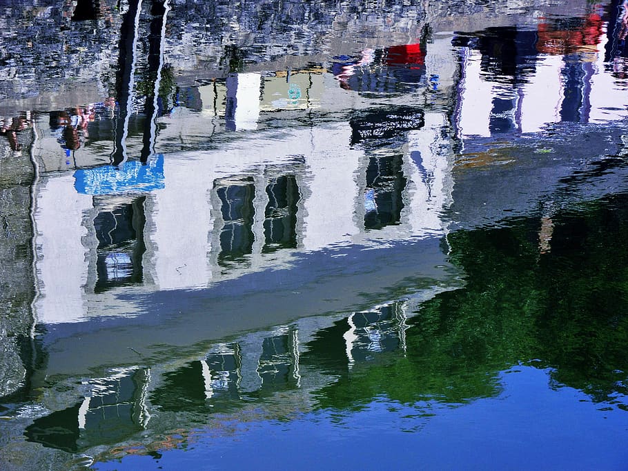 white and blue abstract painting, puddle, human, person, building HD wallpaper
