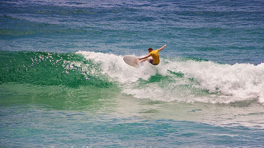 Man in Yellow Shirt Surfing, action, beach, daytime, fun, leisure HD wallpaper