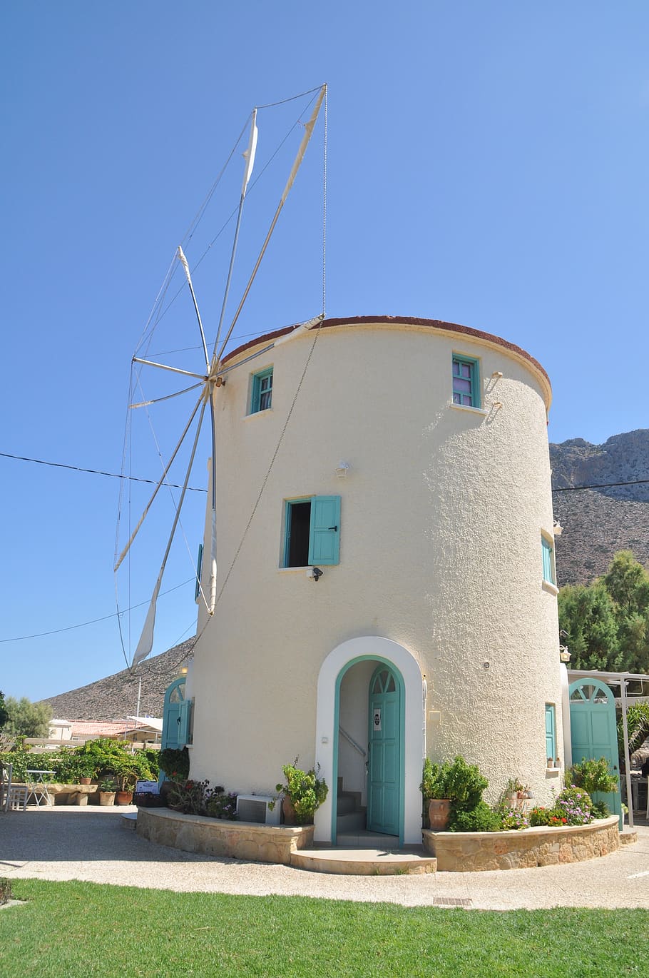 windmill, greece, crete, architecture, mediterranean, vacations HD wallpaper