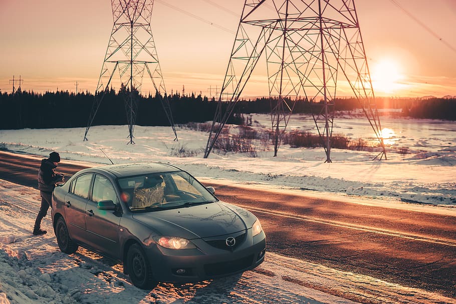 gray Mazda 3 on roadside during sunset, transportation, mode of transportation HD wallpaper