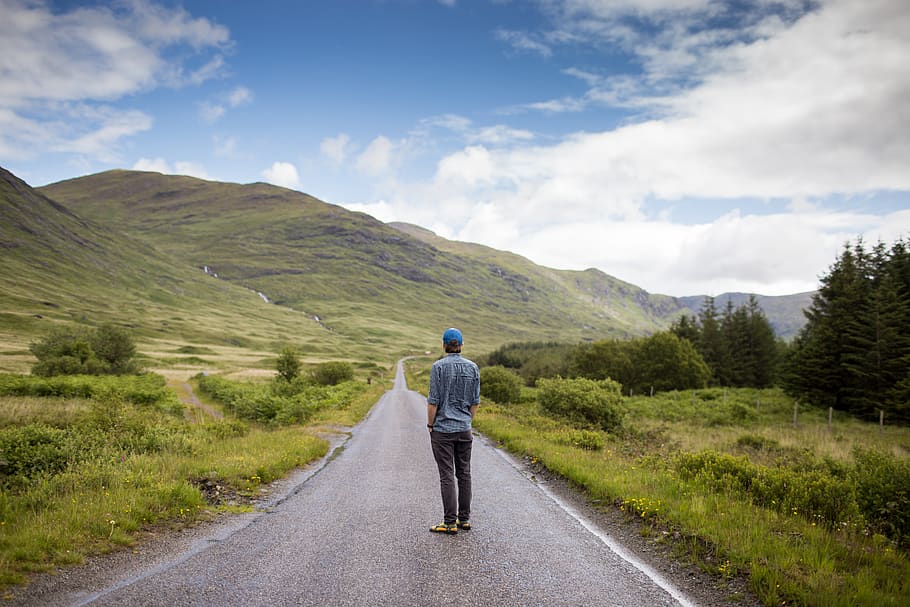 guy, man, people, pavement, road, rural, countryside, mountains HD wallpaper
