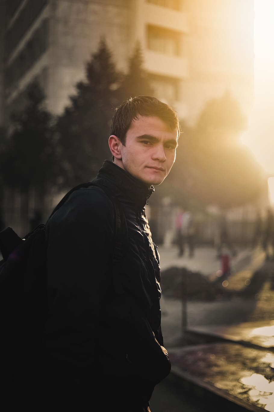 Photo of Man Wearing Black Jacket, backpack, blur, city, daylight HD wallpaper