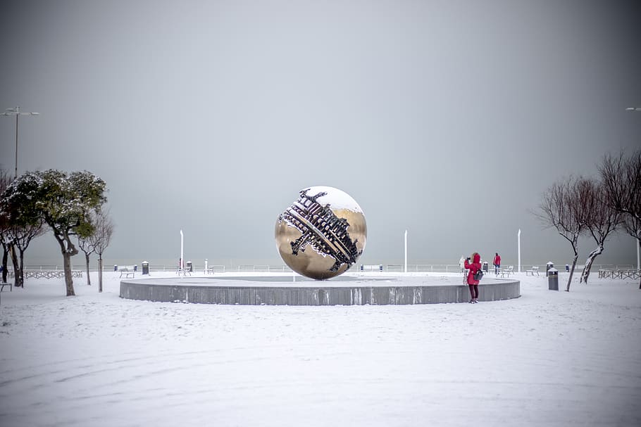 italy, pesaro, big sphere a. pomodoro, snow, winter sea, white