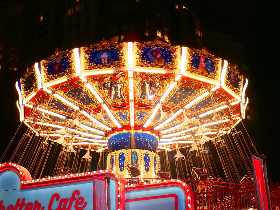 illuminated, night, amusement park, amusement park ride, arts culture and entertainment, HD wallpaper