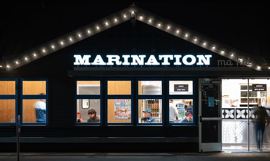 Marination store facade at night, person, human, shop, indoors HD wallpaper
