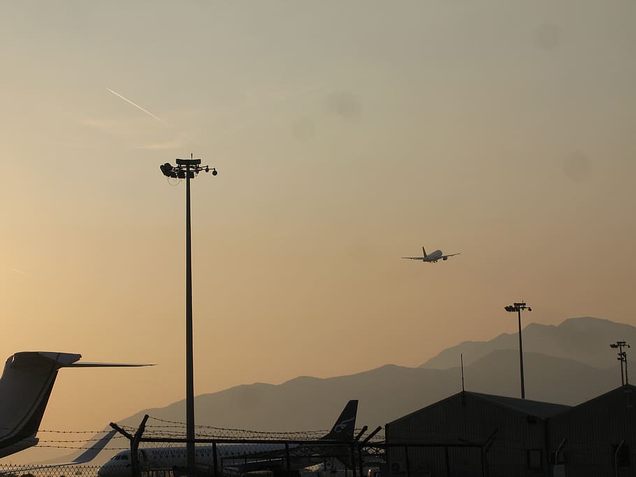 plane, sunset, mountains, hill, airport, sky, air vehicle, airplane HD wallpaper